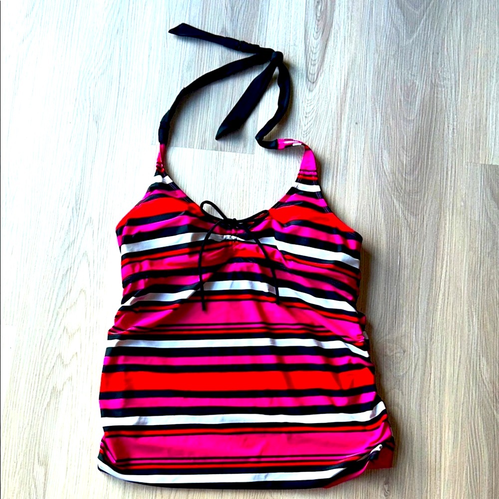 Motherhood Maternity LG Striped Swimsuit Halter Tankini Top Pink/Black Coastal